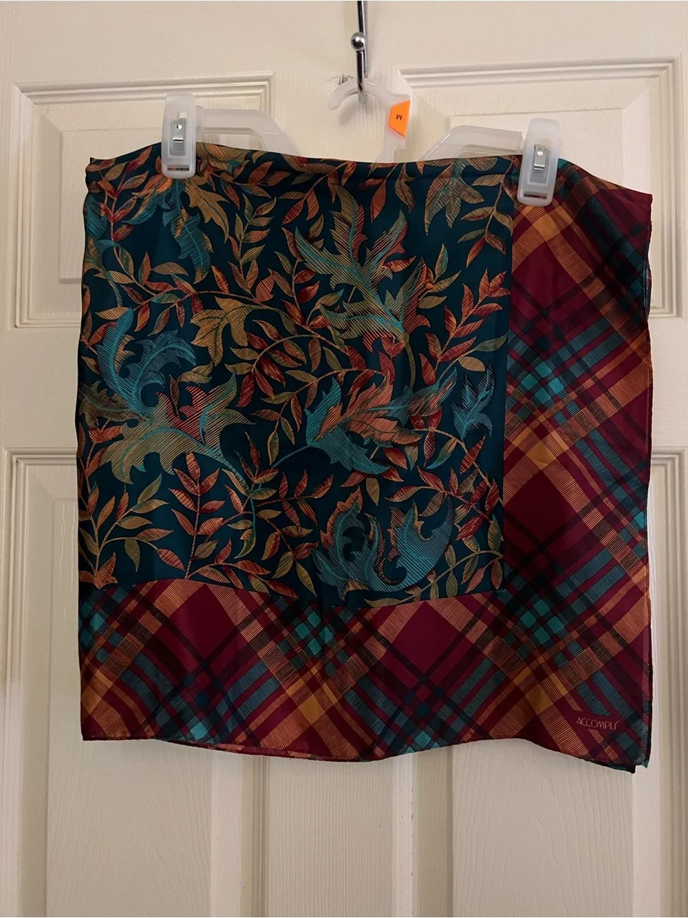 Silk Vintage Accompli Fall Colors Teal and Rust Floral Leaves Plaid Scarf Pretty